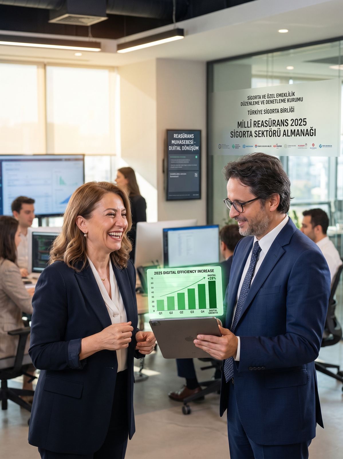 Insurance professionals reviewing digital data at the 2025 Insurance Sector Almanac presentation