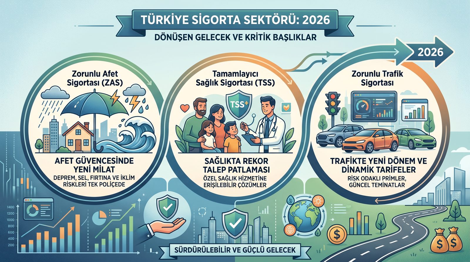Turkish insurance sector 2026 infographic: Compulsory Disaster Insurance, Supplementary Health Insurance and Compulsory Motor Liability Insurance
