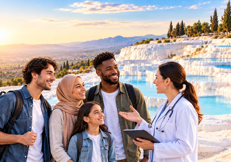 Yabancı uyruklular sağlık sigortası &ndash; Pamukkale travertenleri &ouml;n&uuml;nde doktorla g&ouml;r&uuml;şen yabancı uyruklu aile